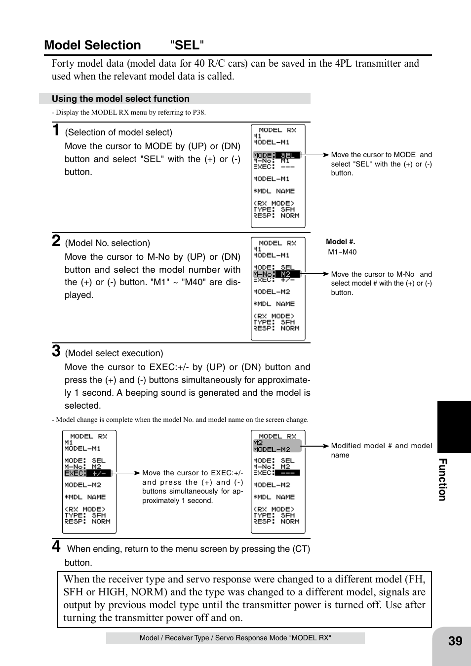 Model selection " sel | Futaba 4PL 2.4GHz FHSS User Manual | Page 39 / 105