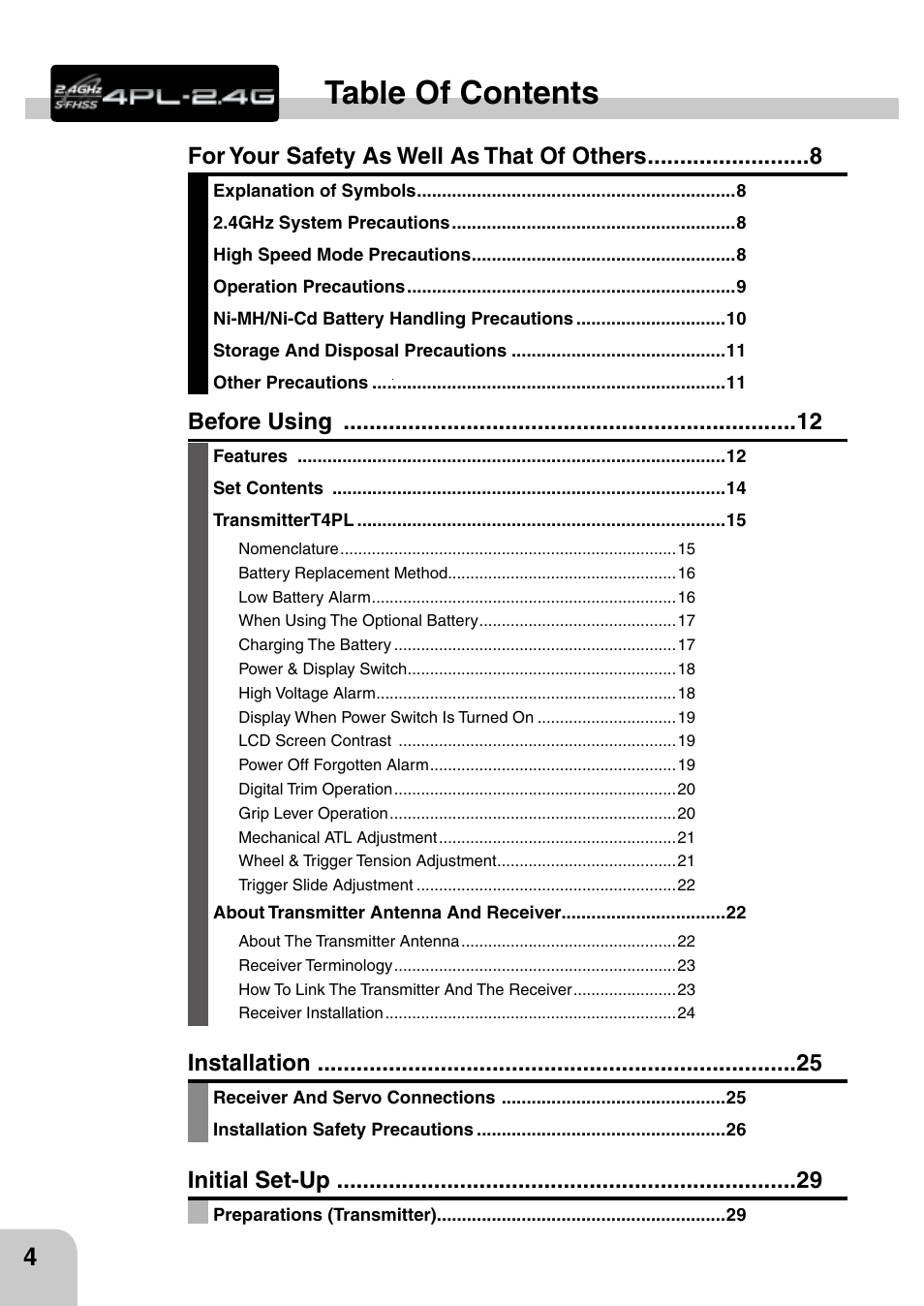 Futaba 4PL 2.4GHz FHSS User Manual | Page 4 / 105