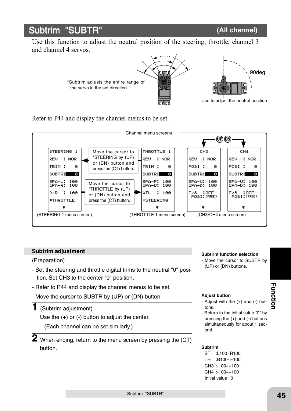 Subtrim "subtr, Fu n c tio n, All channel) | Futaba 4PL 2.4GHz FHSS User Manual | Page 45 / 105