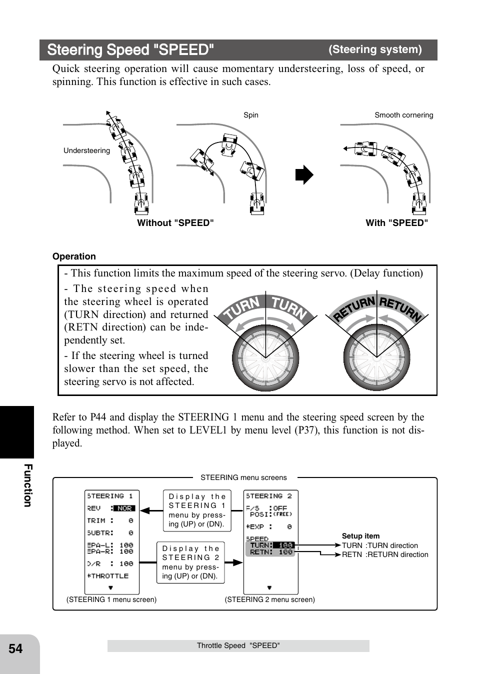 Steering speed "speed, Tu rn turn | Futaba 4PL 2.4GHz FHSS User Manual | Page 54 / 105