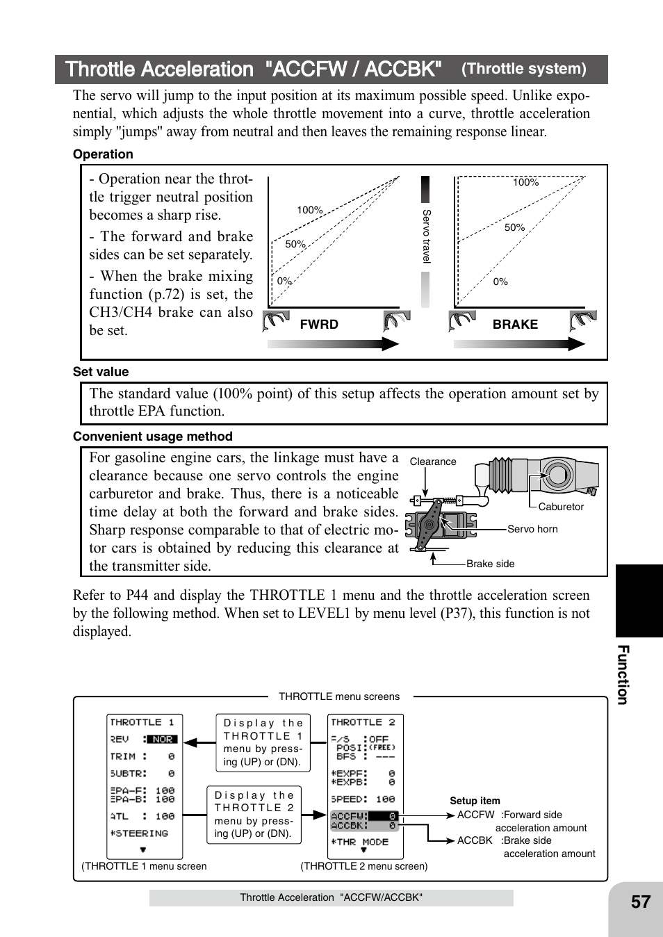 Throttle acceleration "accfw / accbk, Fu n c tio n | Futaba 4PL 2.4GHz FHSS User Manual | Page 57 / 105