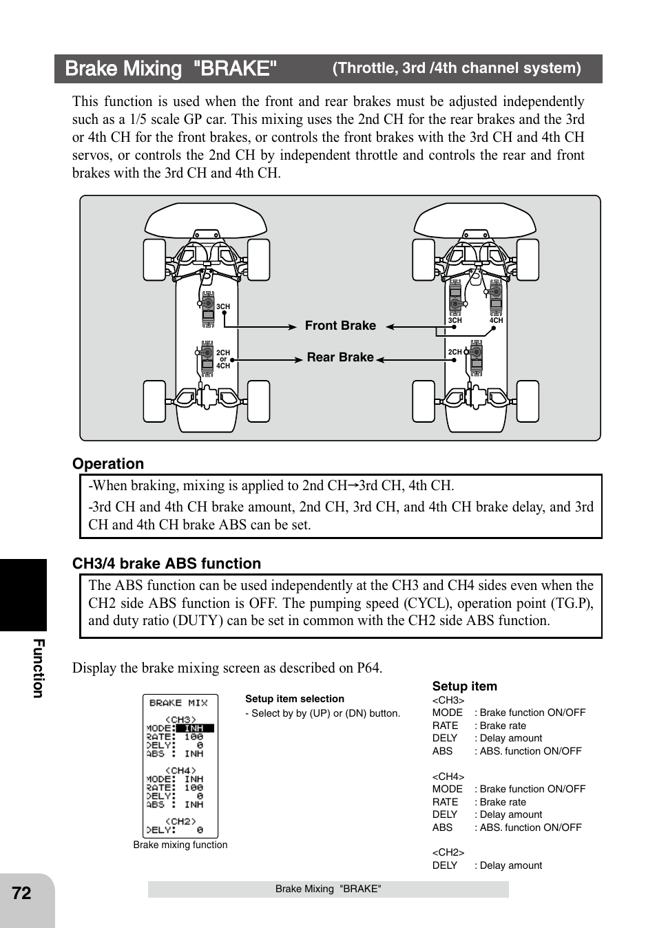 Brake mixing "brake, Fu n c tio n | Futaba 4PL 2.4GHz FHSS User Manual | Page 72 / 105