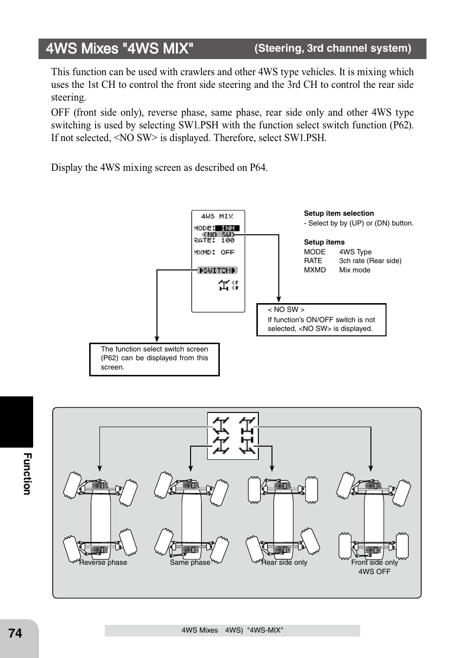 4ws mixes "4ws mix, Fu n c tio n, Steering, 3rd channel system) | Futaba 4PL 2.4GHz FHSS User Manual | Page 74 / 105
