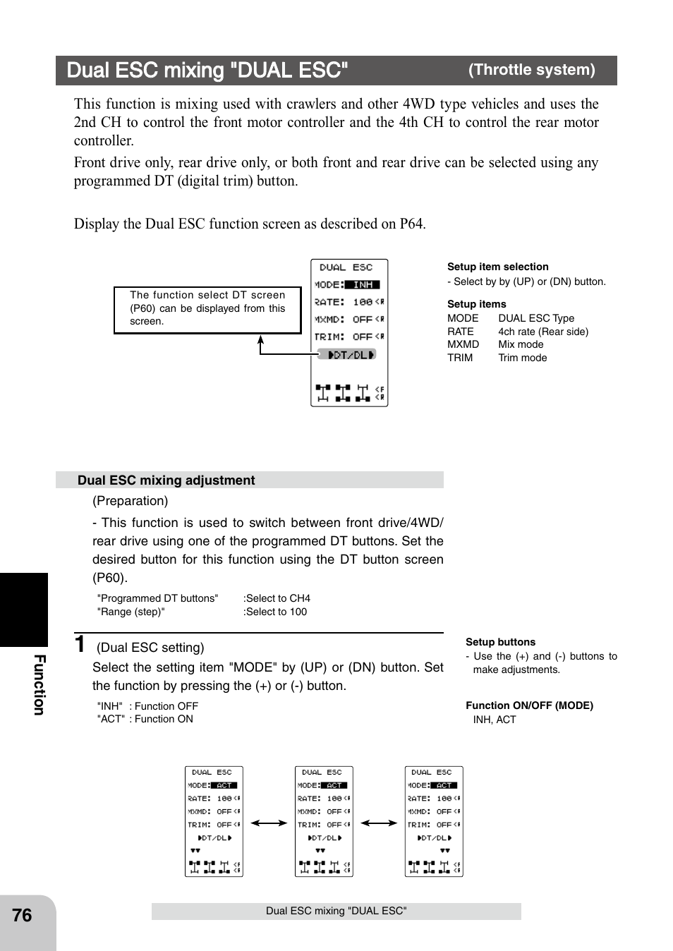 Dual esc mixing "dual esc, Fu n c tio n, Throttle system) | Futaba 4PL 2.4GHz FHSS User Manual | Page 76 / 105