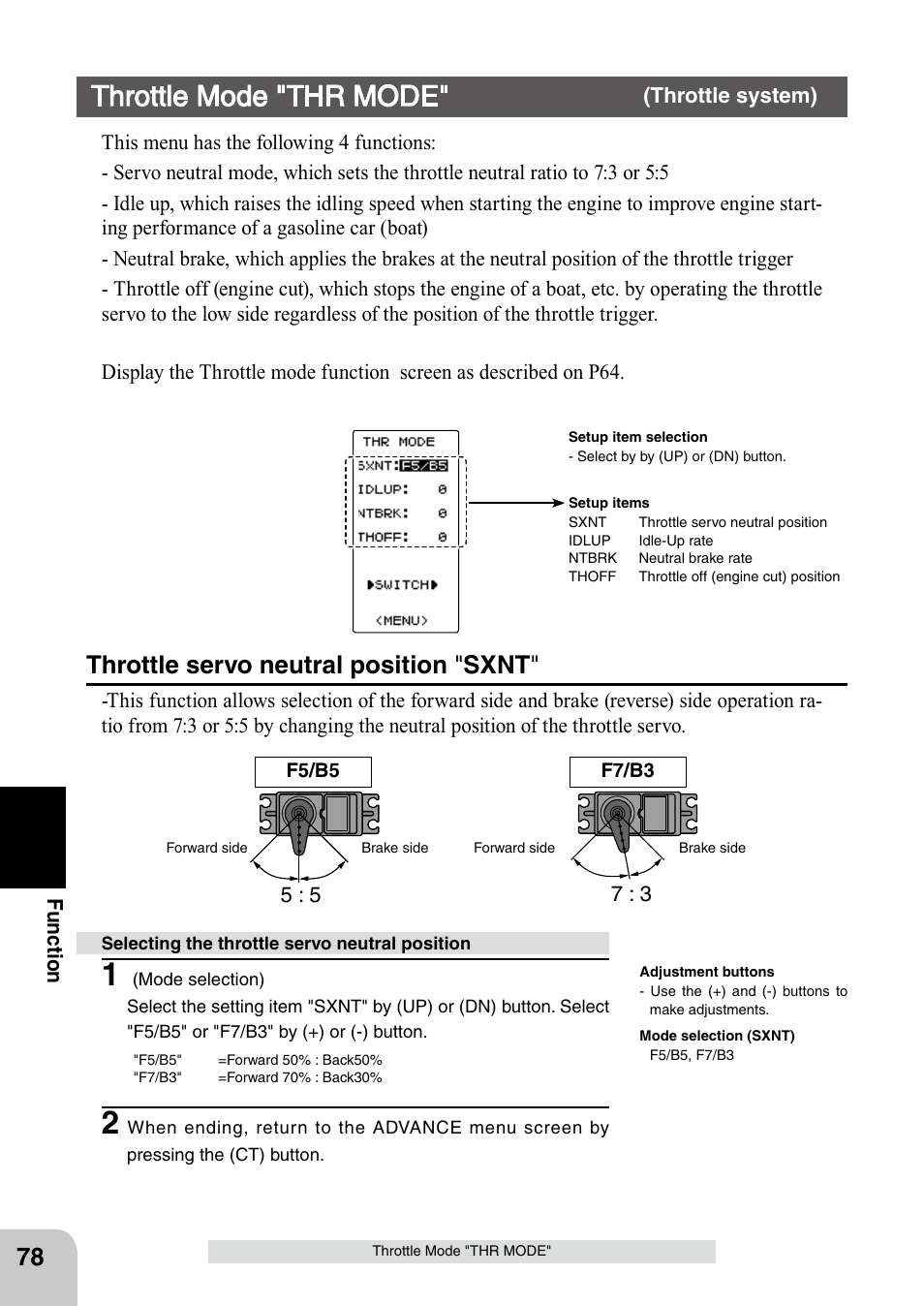 Throttle mode "thr mode, Throttle servo neutral position " sxnt | Futaba 4PL 2.4GHz FHSS User Manual | Page 78 / 105