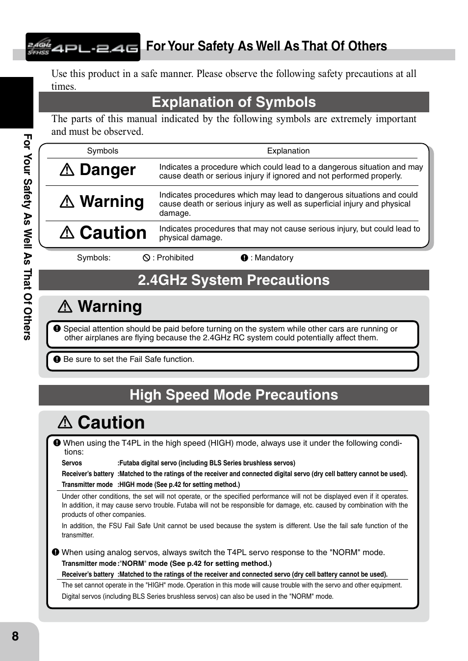Caution, Ｎ warning ｎ, Ｎ danger | Explanation of symbols, 4ghz system precautions, High speed mode precautions, For your safety as well as that of others | Futaba 4PL 2.4GHz FHSS User Manual | Page 8 / 105