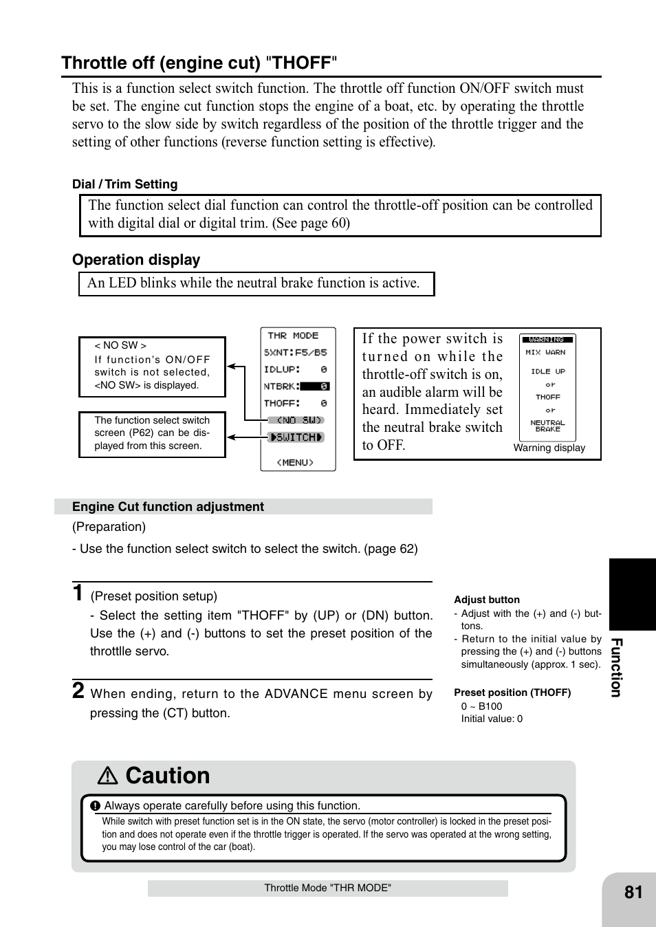 Ｎ caution, Throttle off (engine cut) " thoff | Futaba 4PL 2.4GHz FHSS User Manual | Page 81 / 105