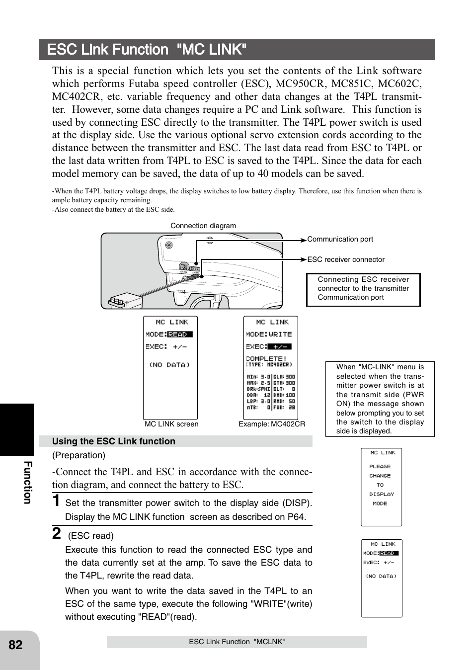 Esc link function "mc link | Futaba 4PL 2.4GHz FHSS User Manual | Page 82 / 105