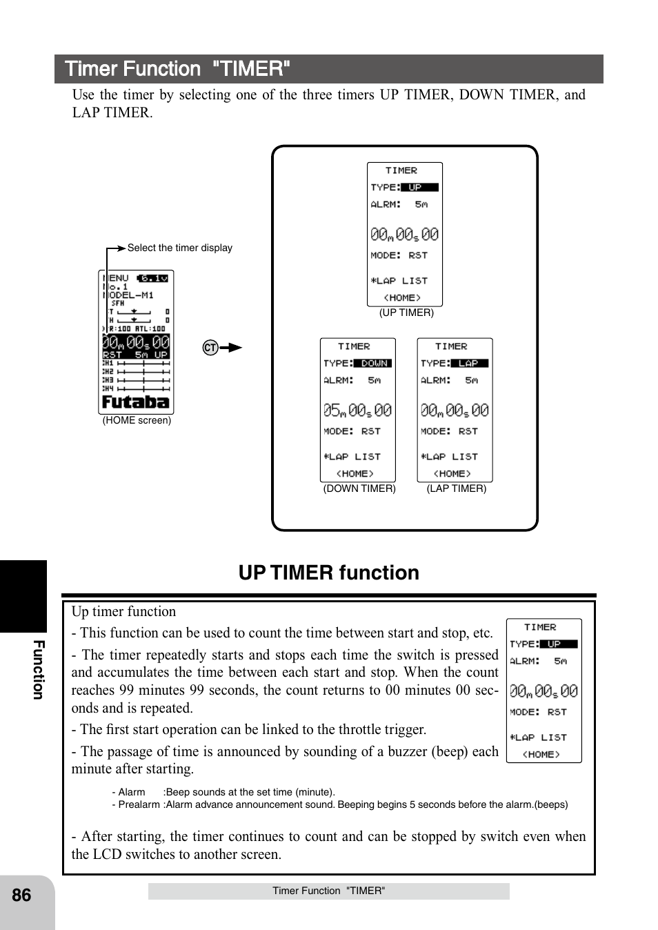 Timer function "timer, Up timer function | Futaba 4PL 2.4GHz FHSS User Manual | Page 86 / 105