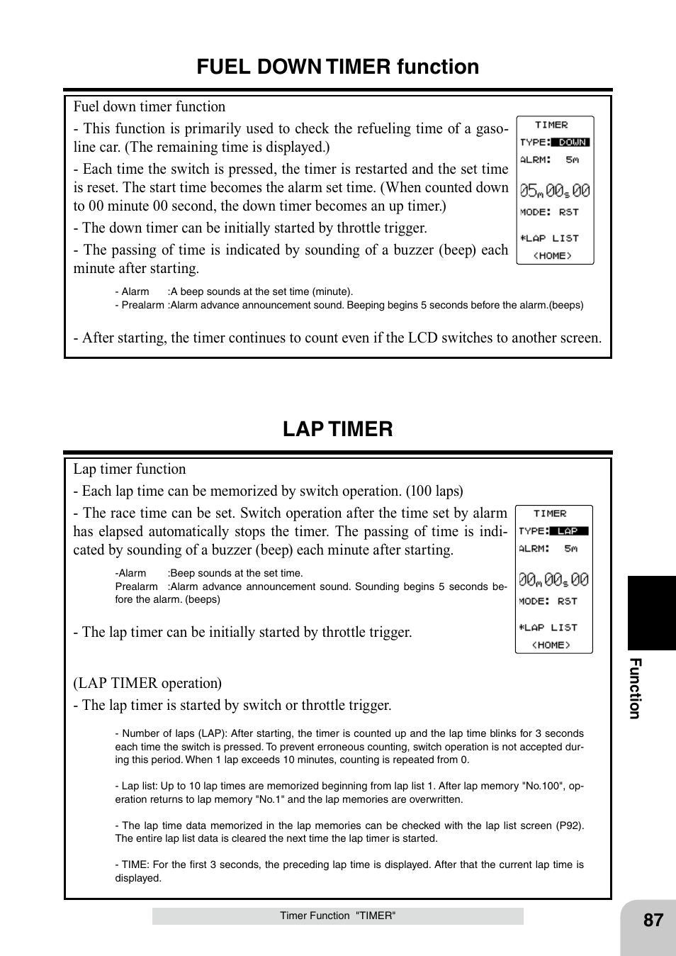 Fuel down timer function, Lap timer | Futaba 4PL 2.4GHz FHSS User Manual | Page 87 / 105