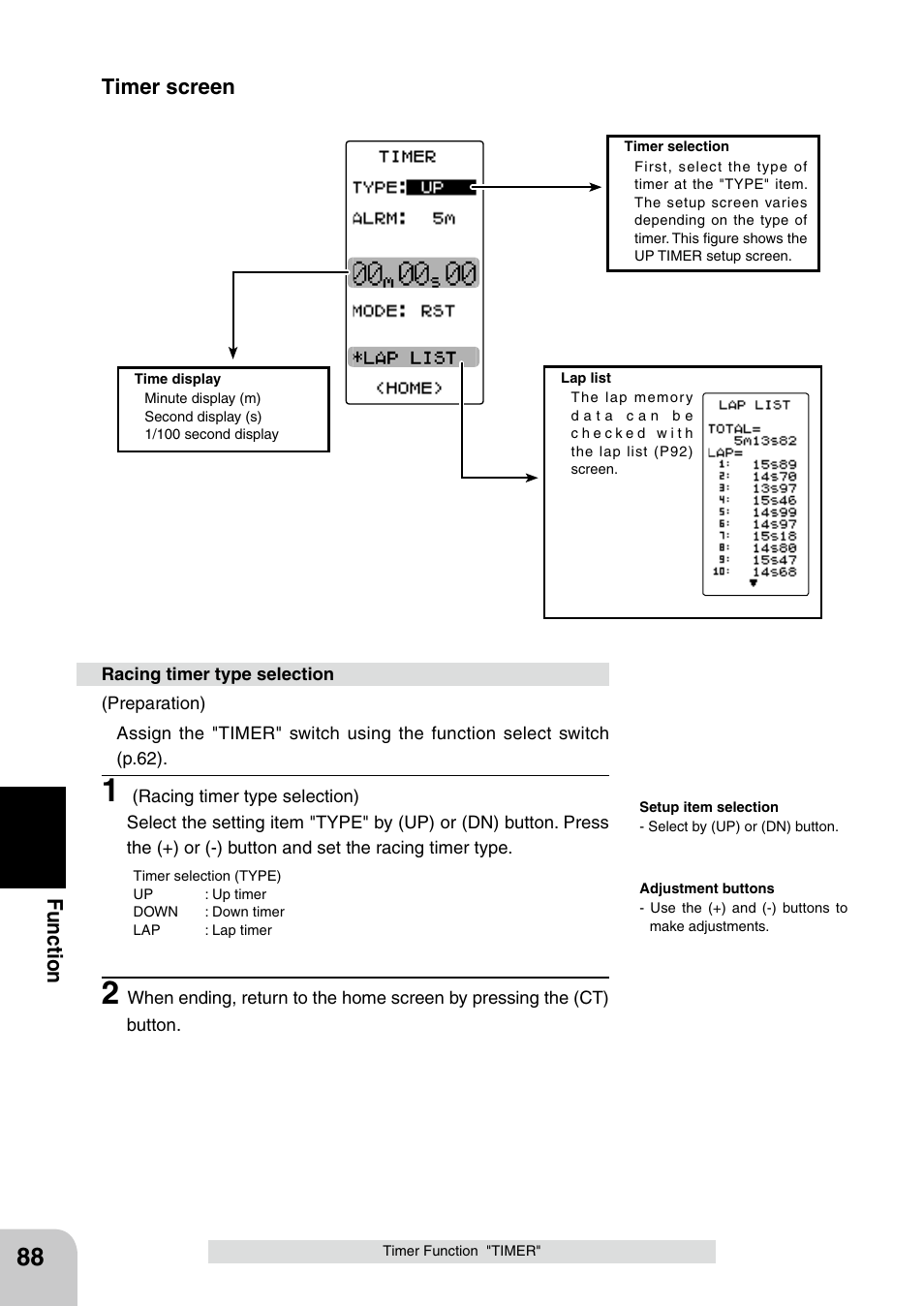 Fu n c tio n, Timer screen | Futaba 4PL 2.4GHz FHSS User Manual | Page 88 / 105