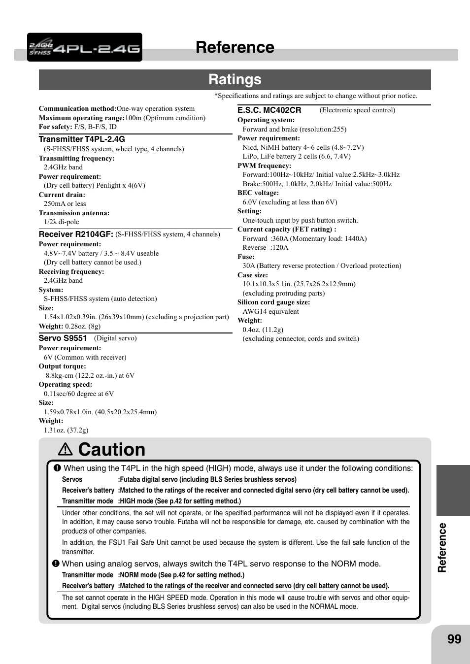 Caution, Reference, Ratings | Refer e nce | Futaba 4PL 2.4GHz FHSS User Manual | Page 99 / 105