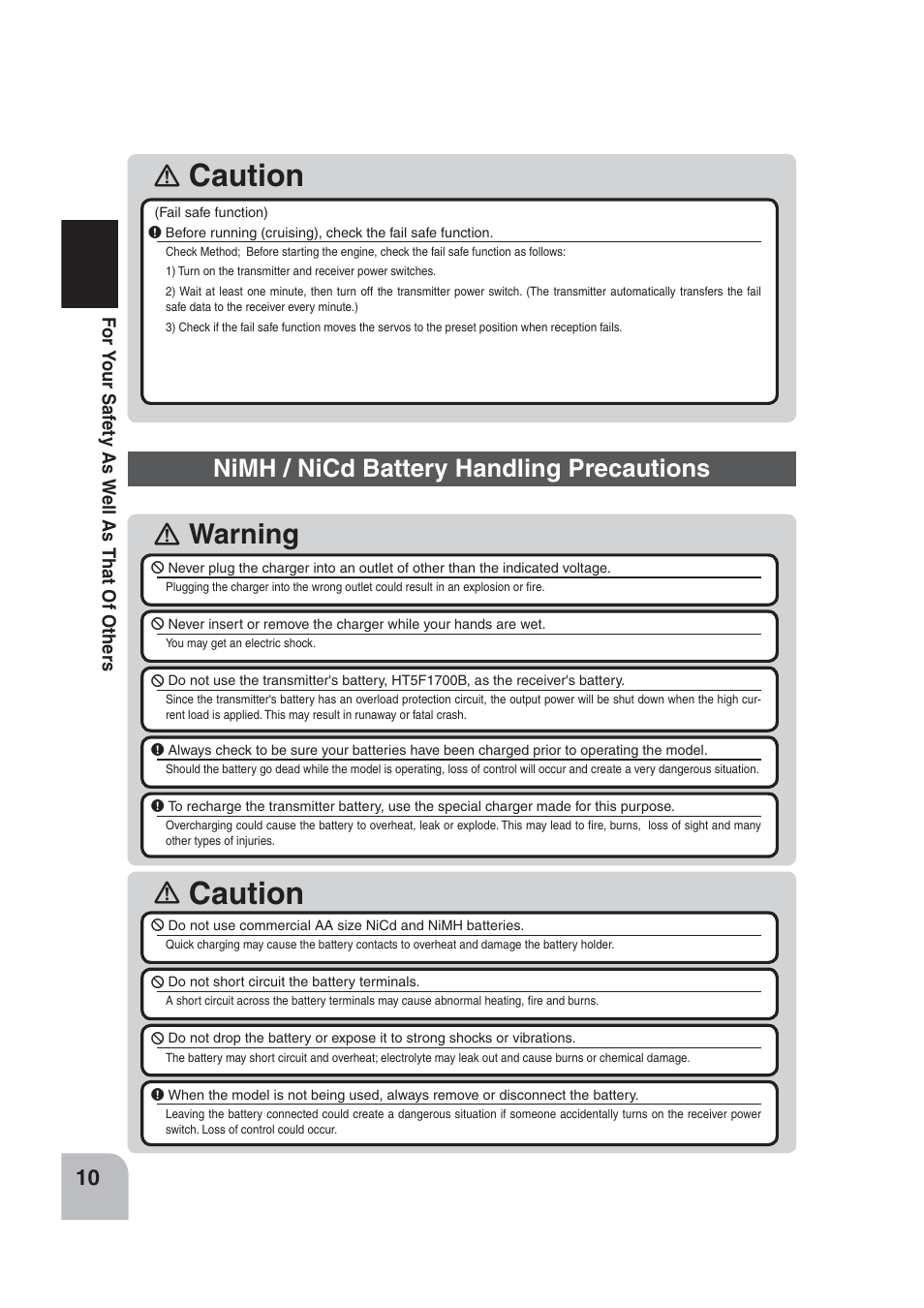 Caution, Warning, Nimh / nicd battery handling precautions | Futaba 4PLS 2.4GHz FHSS User Manual | Page 10 / 121