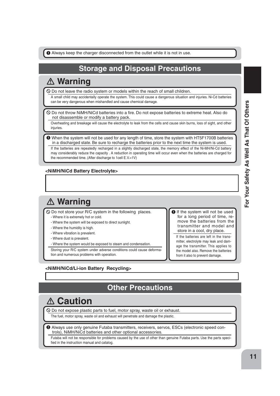 Caution, Warning, Storage and disposal precautions | Other precautions | Futaba 4PLS 2.4GHz FHSS User Manual | Page 11 / 121