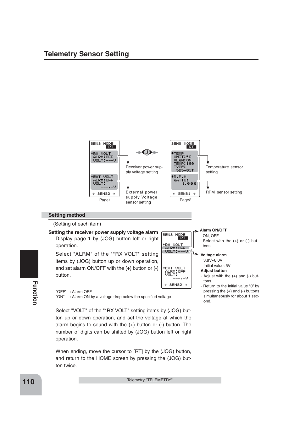 Telemetry sensor setting, Fu n c tio n | Futaba 4PLS 2.4GHz FHSS User Manual | Page 110 / 121