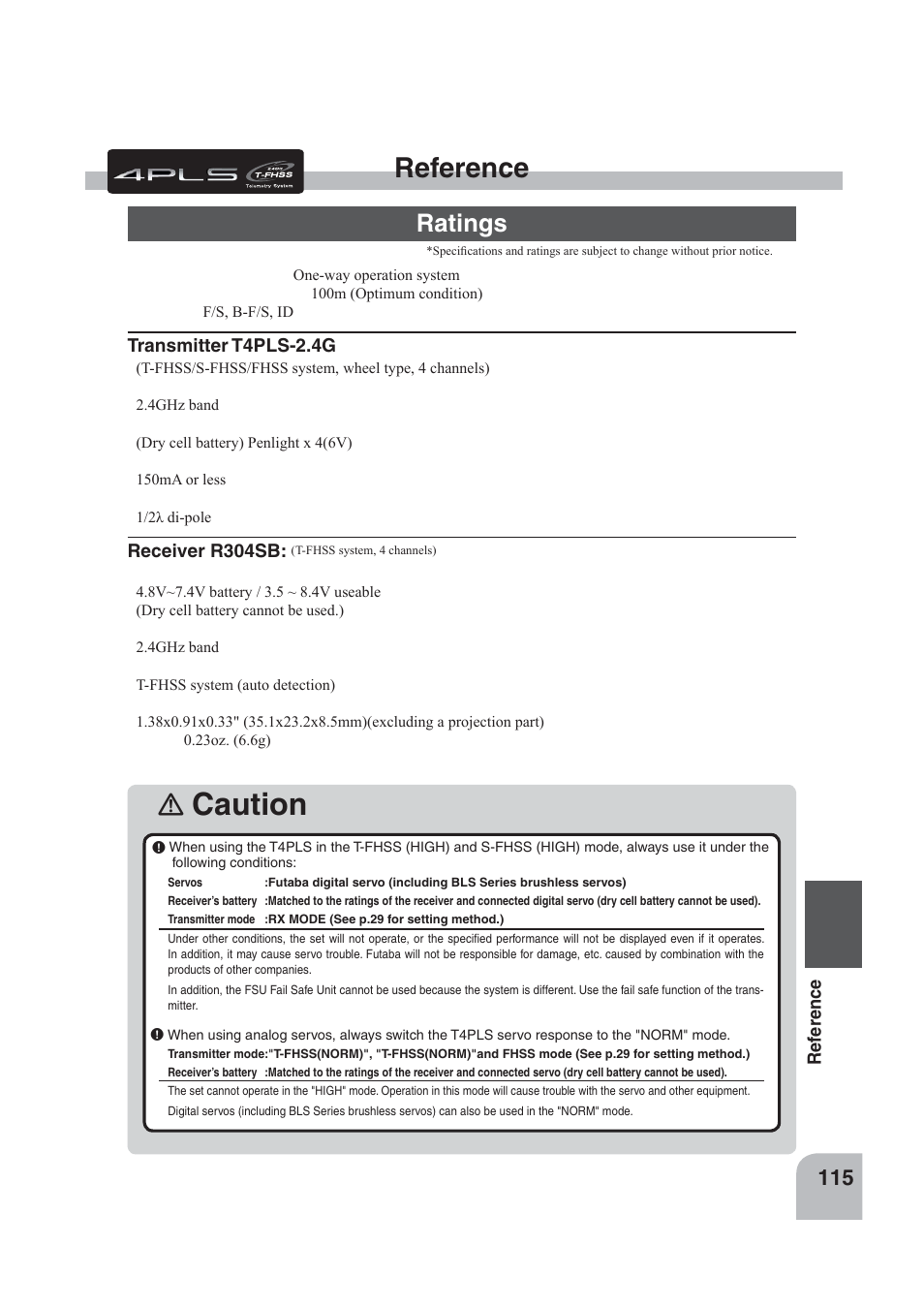 Caution, Reference, Ratings | Futaba 4PLS 2.4GHz FHSS User Manual | Page 115 / 121