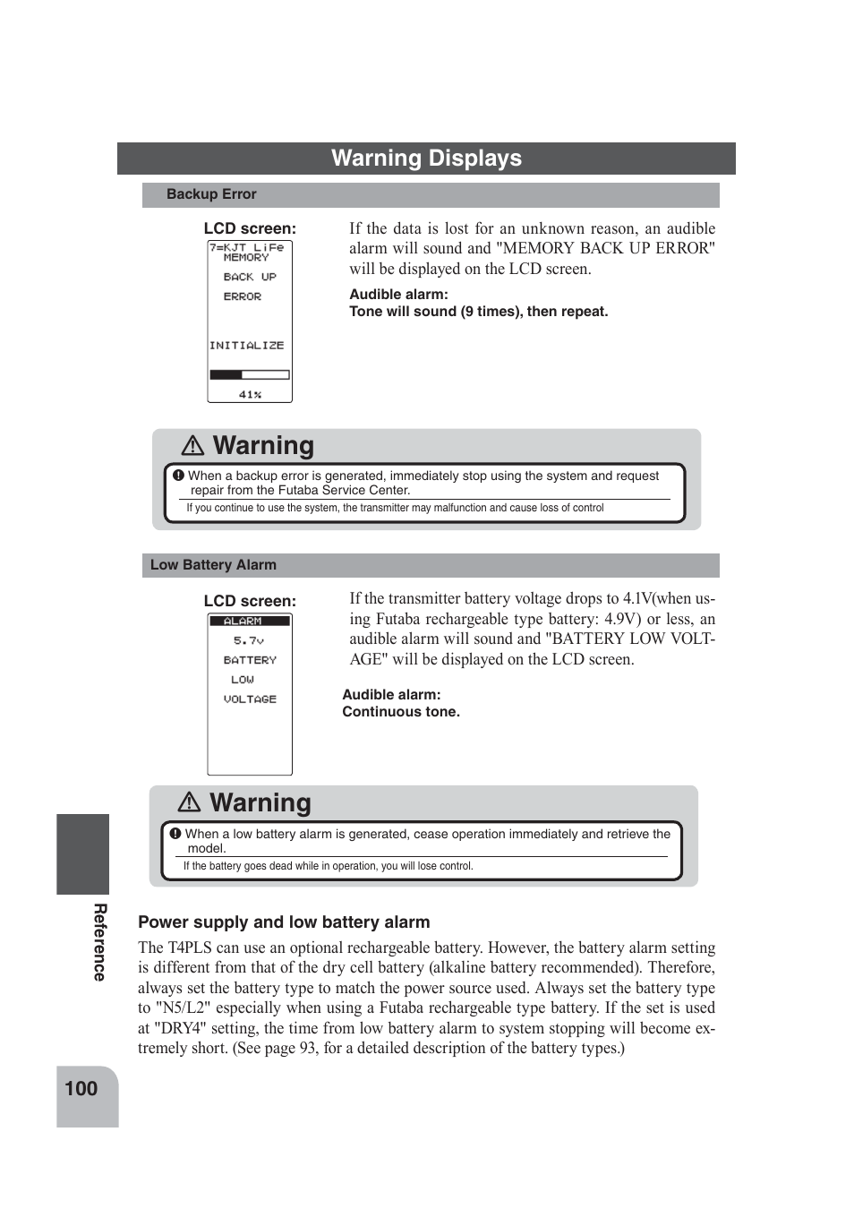 Warning, Warning displays | Futaba 4PLS 2.4GHz FHSS User Manual | Page 116 / 121