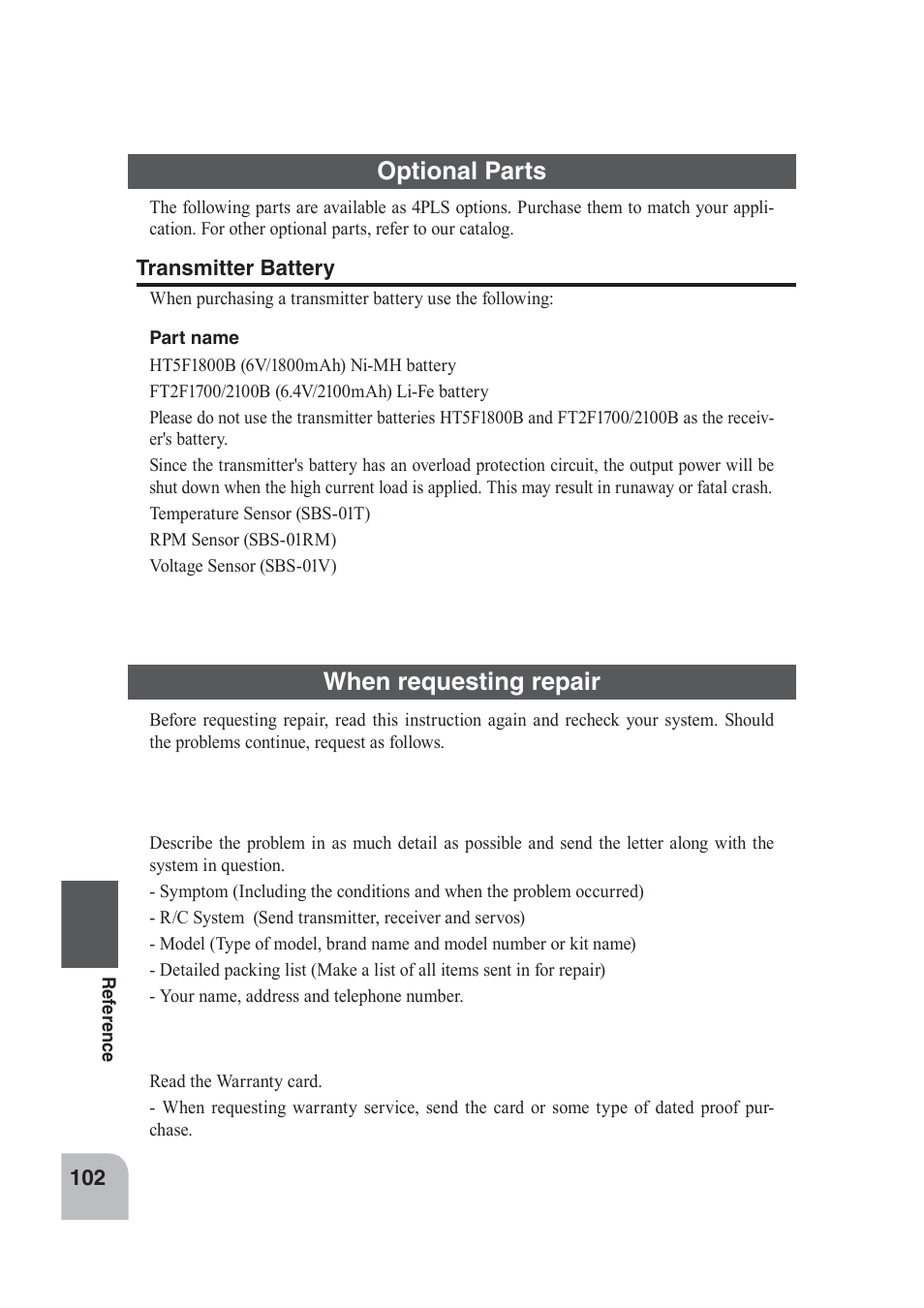 Optional parts, When requesting repair | Futaba 4PLS 2.4GHz FHSS User Manual | Page 118 / 121