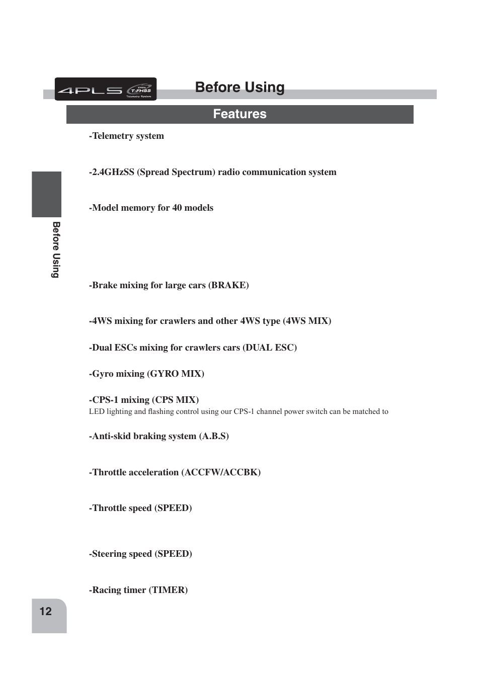 Before using, Features | Futaba 4PLS 2.4GHz FHSS User Manual | Page 12 / 121