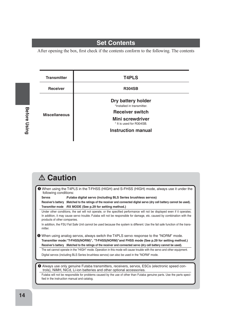 Caution, Set contents | Futaba 4PLS 2.4GHz FHSS User Manual | Page 14 / 121