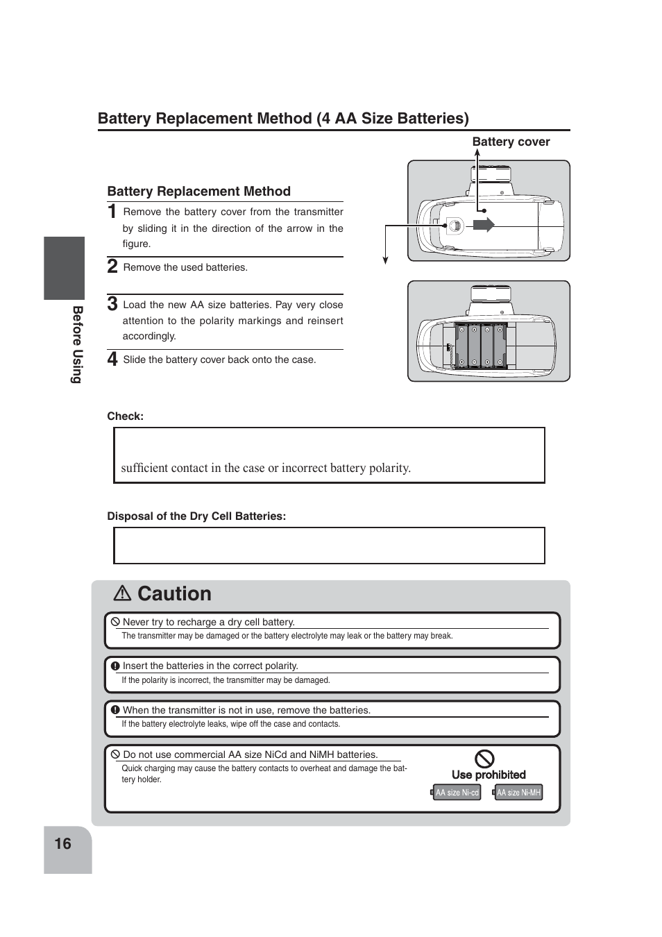 Caution, Battery replacement method (4 aa size batteries) | Futaba 4PLS 2.4GHz FHSS User Manual | Page 16 / 121