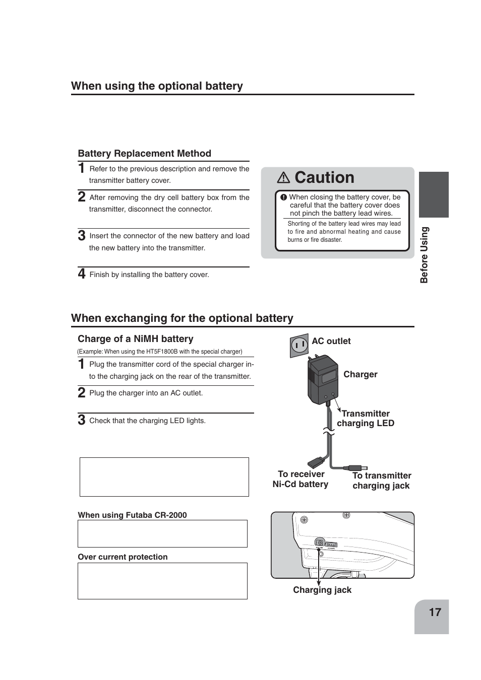 Caution, When exchanging for the optional battery, When using the optional battery | Futaba 4PLS 2.4GHz FHSS User Manual | Page 17 / 121