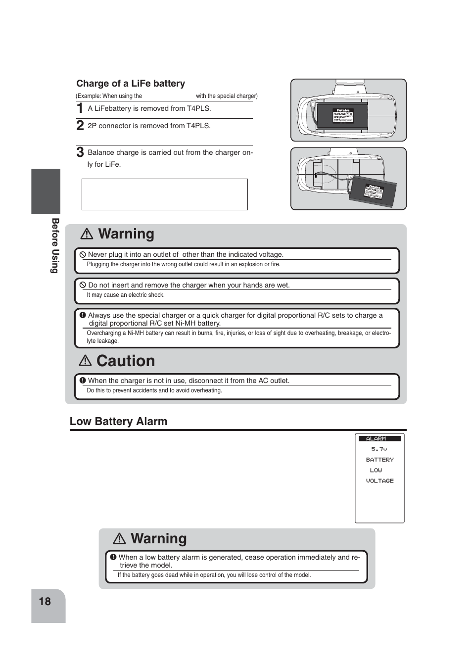 Caution, Warning, Low battery alarm | Futaba 4PLS 2.4GHz FHSS User Manual | Page 18 / 121