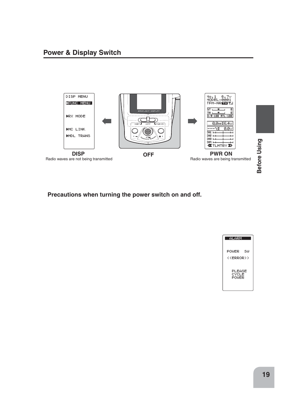 Power & display switch | Futaba 4PLS 2.4GHz FHSS User Manual | Page 19 / 121