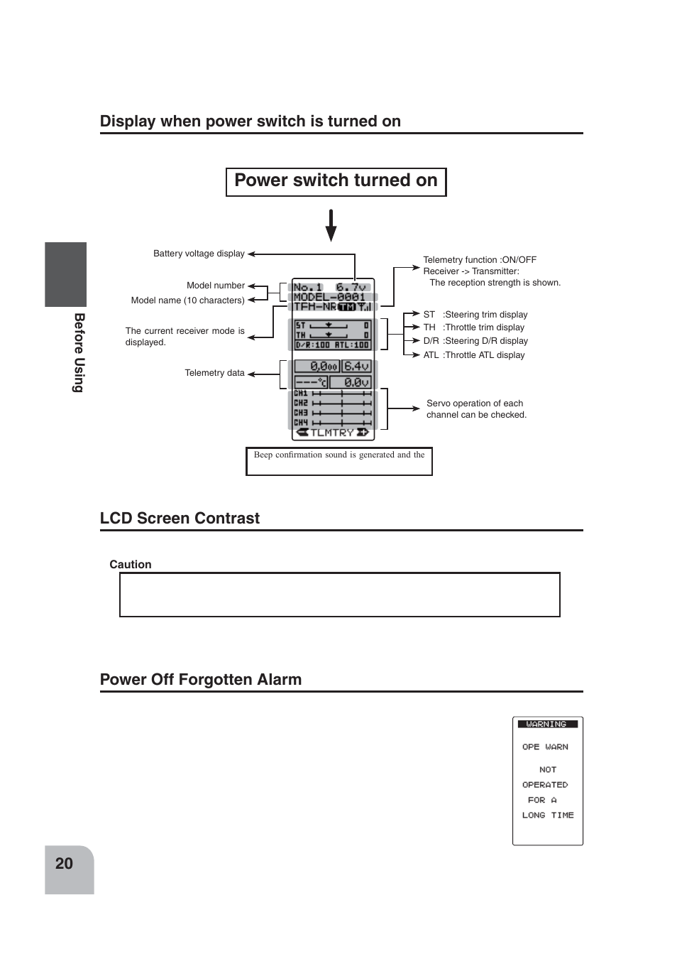 Power switch turned on, Display when power switch is turned on, Lcd screen contrast | Power off forgotten alarm | Futaba 4PLS 2.4GHz FHSS User Manual | Page 20 / 121