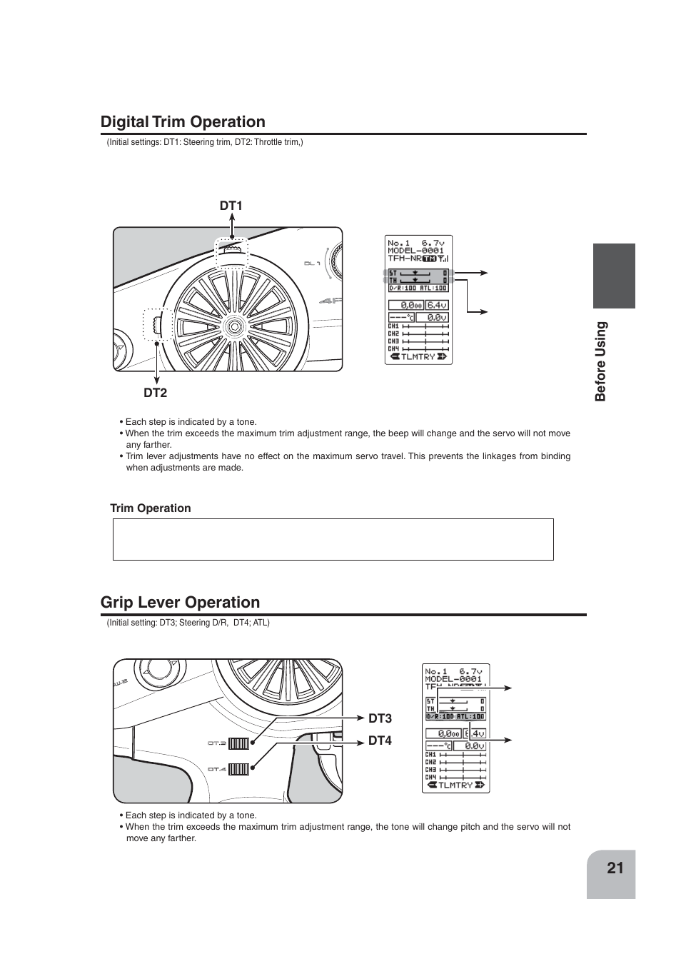 Digital trim operation, Grip lever operation | Futaba 4PLS 2.4GHz FHSS User Manual | Page 21 / 121