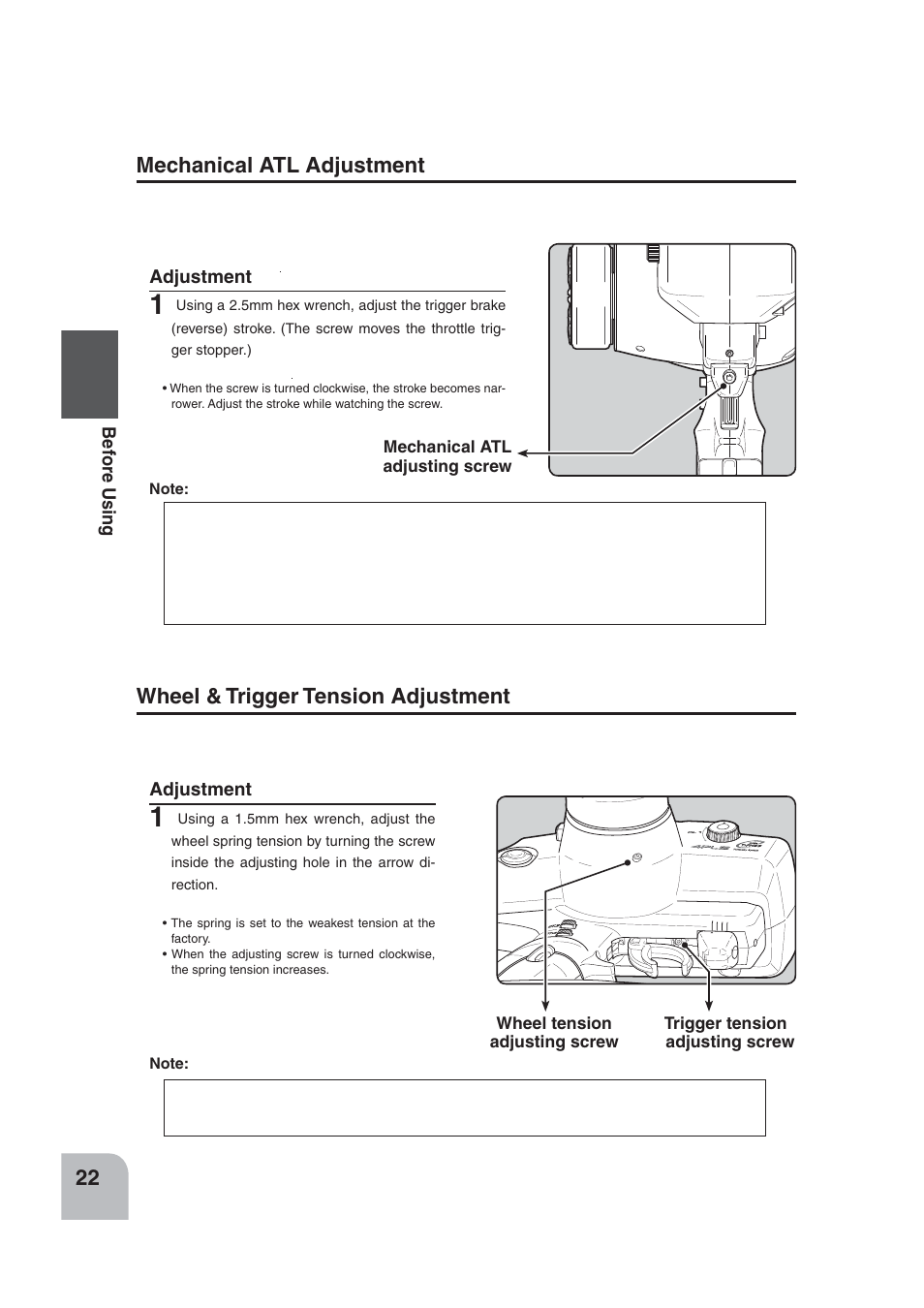 Mechanical atl adjustment, Wheel & trigger tension adjustment | Futaba 4PLS 2.4GHz FHSS User Manual | Page 22 / 121