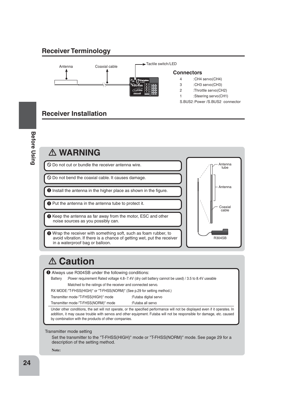 Caution, Warning, Receiver installation | Receiver terminology, Be for e using | Futaba 4PLS 2.4GHz FHSS User Manual | Page 24 / 121