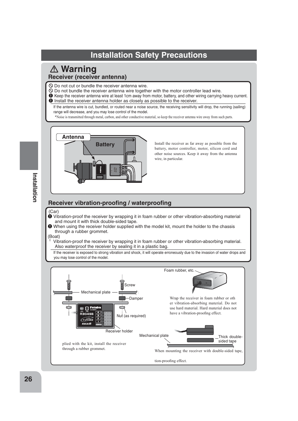 Warning, Installation safety precautions | Futaba 4PLS 2.4GHz FHSS User Manual | Page 26 / 121