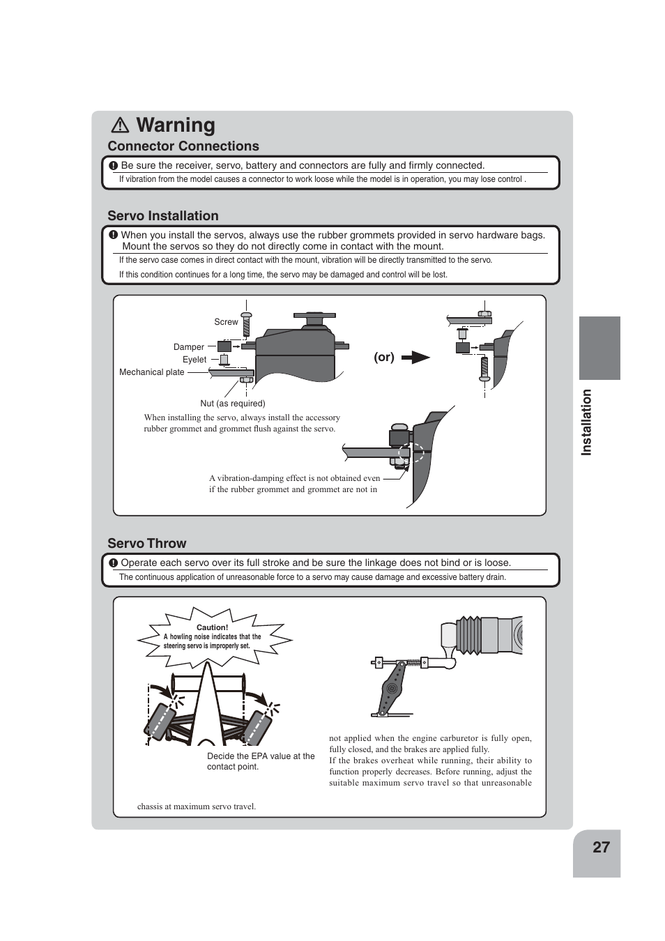 Warning, Servo throw | Futaba 4PLS 2.4GHz FHSS User Manual | Page 27 / 121