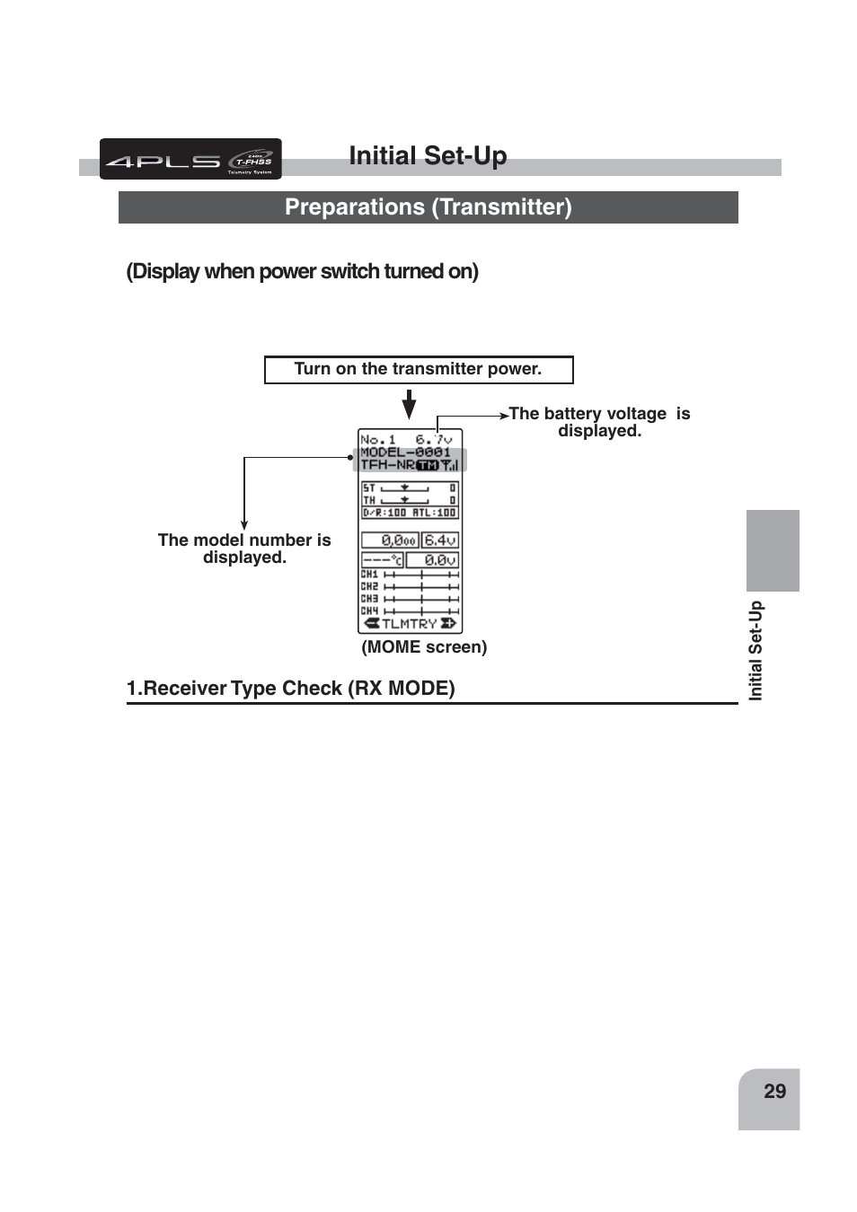 Initial set-up, Preparations (transmitter), Display when power switch turned on) | Futaba 4PLS 2.4GHz FHSS User Manual | Page 29 / 121