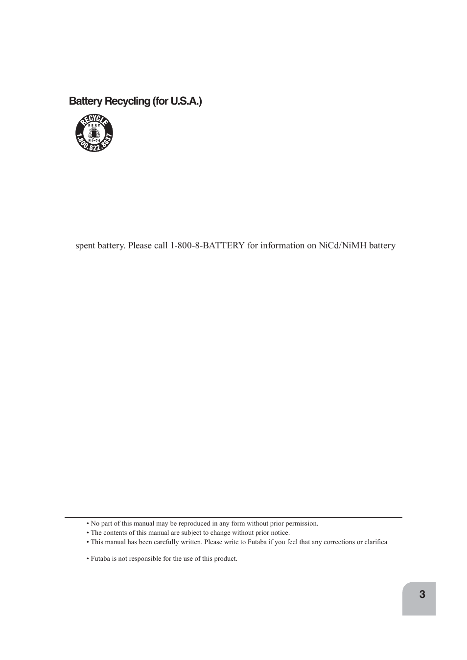 Battery recycling (for u.s.a.) | Futaba 4PLS 2.4GHz FHSS User Manual | Page 3 / 121