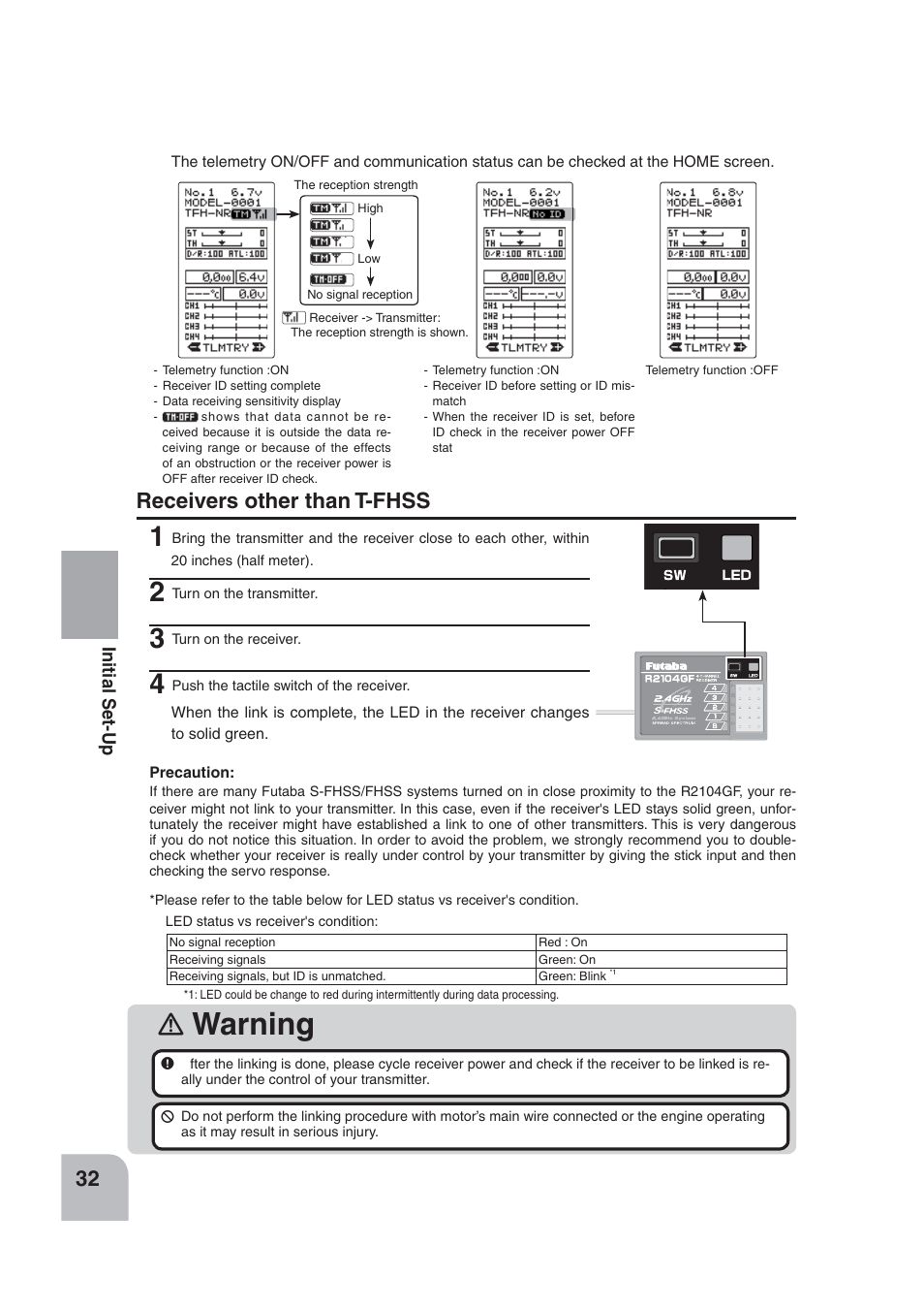 Warning, Receivers other than t-fhss | Futaba 4PLS 2.4GHz FHSS User Manual | Page 32 / 121