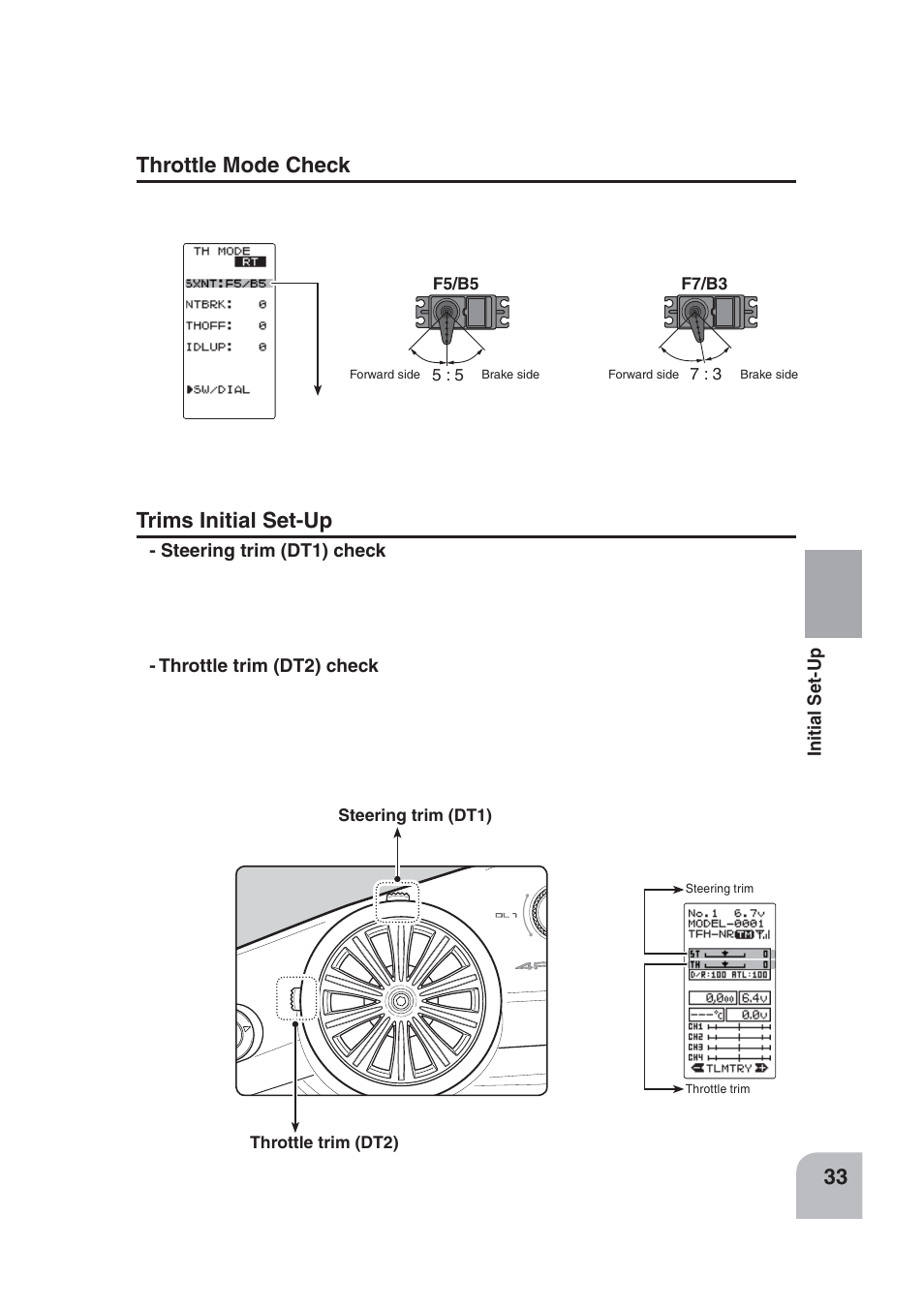 Trims initial set-up, Throttle mode check | Futaba 4PLS 2.4GHz FHSS User Manual | Page 33 / 121