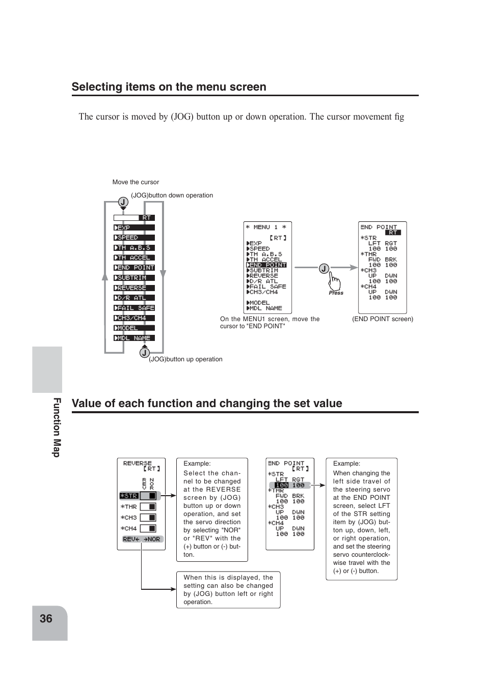 Value of each function and changing the set value, Selecting items on the menu screen | Futaba 4PLS 2.4GHz FHSS User Manual | Page 36 / 121