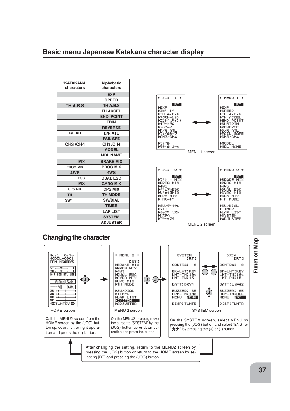 Basic menu japanese katakana character display, Changing the character | Futaba 4PLS 2.4GHz FHSS User Manual | Page 37 / 121