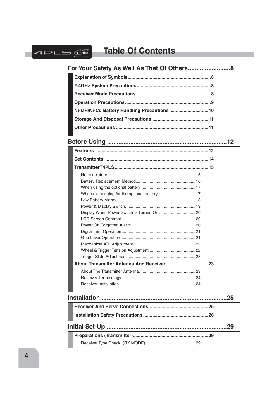 Futaba 4PLS 2.4GHz FHSS User Manual | Page 4 / 121