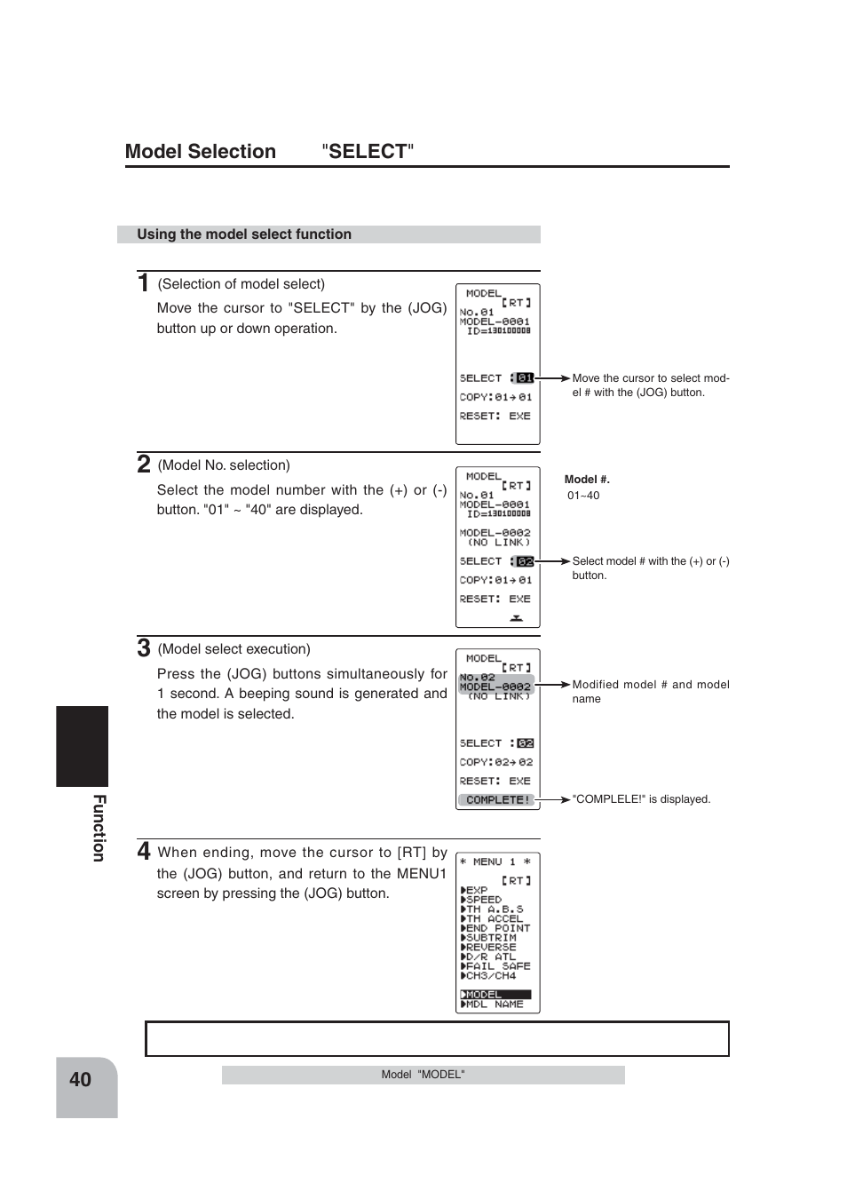 Model selection " select | Futaba 4PLS 2.4GHz FHSS User Manual | Page 40 / 121