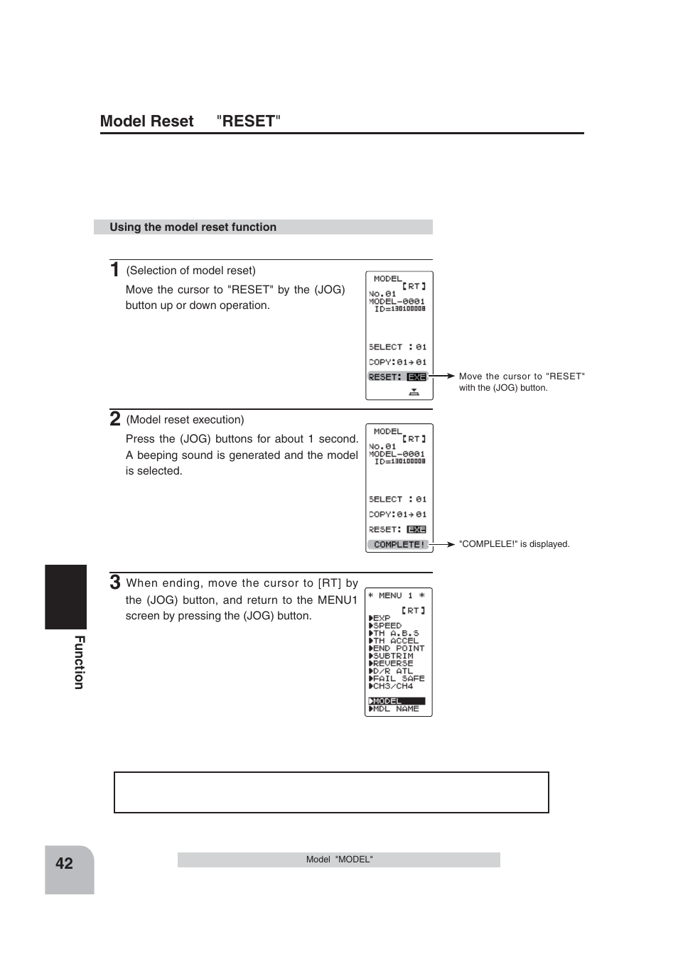 Model reset " reset | Futaba 4PLS 2.4GHz FHSS User Manual | Page 42 / 121