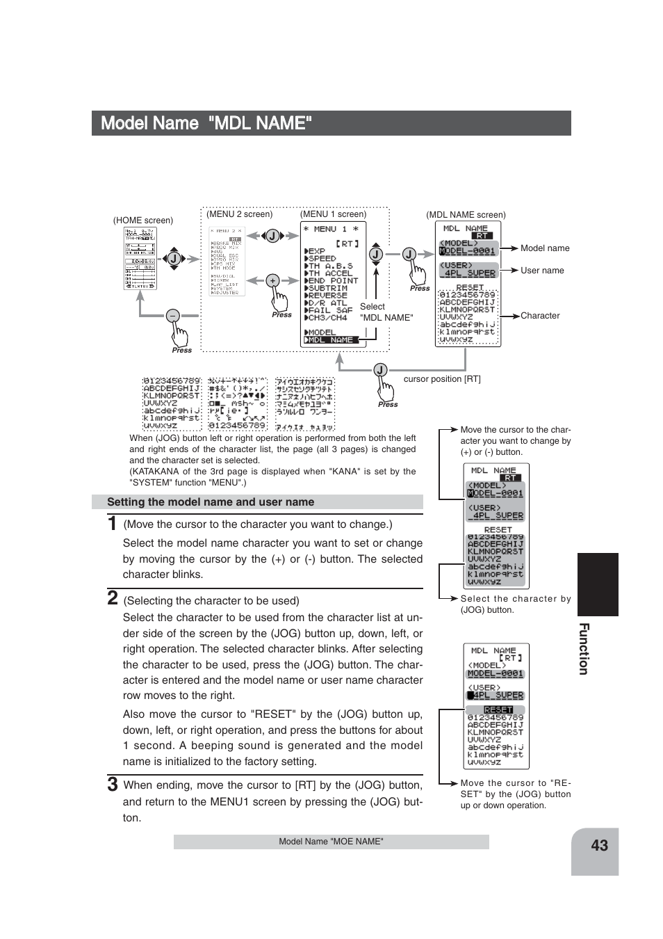 Model name "mdl name, Fu n c tio n | Futaba 4PLS 2.4GHz FHSS User Manual | Page 43 / 121