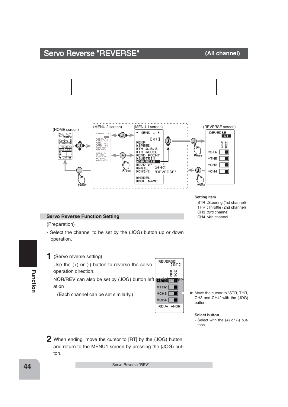 Servo reverse "reverse | Futaba 4PLS 2.4GHz FHSS User Manual | Page 44 / 121