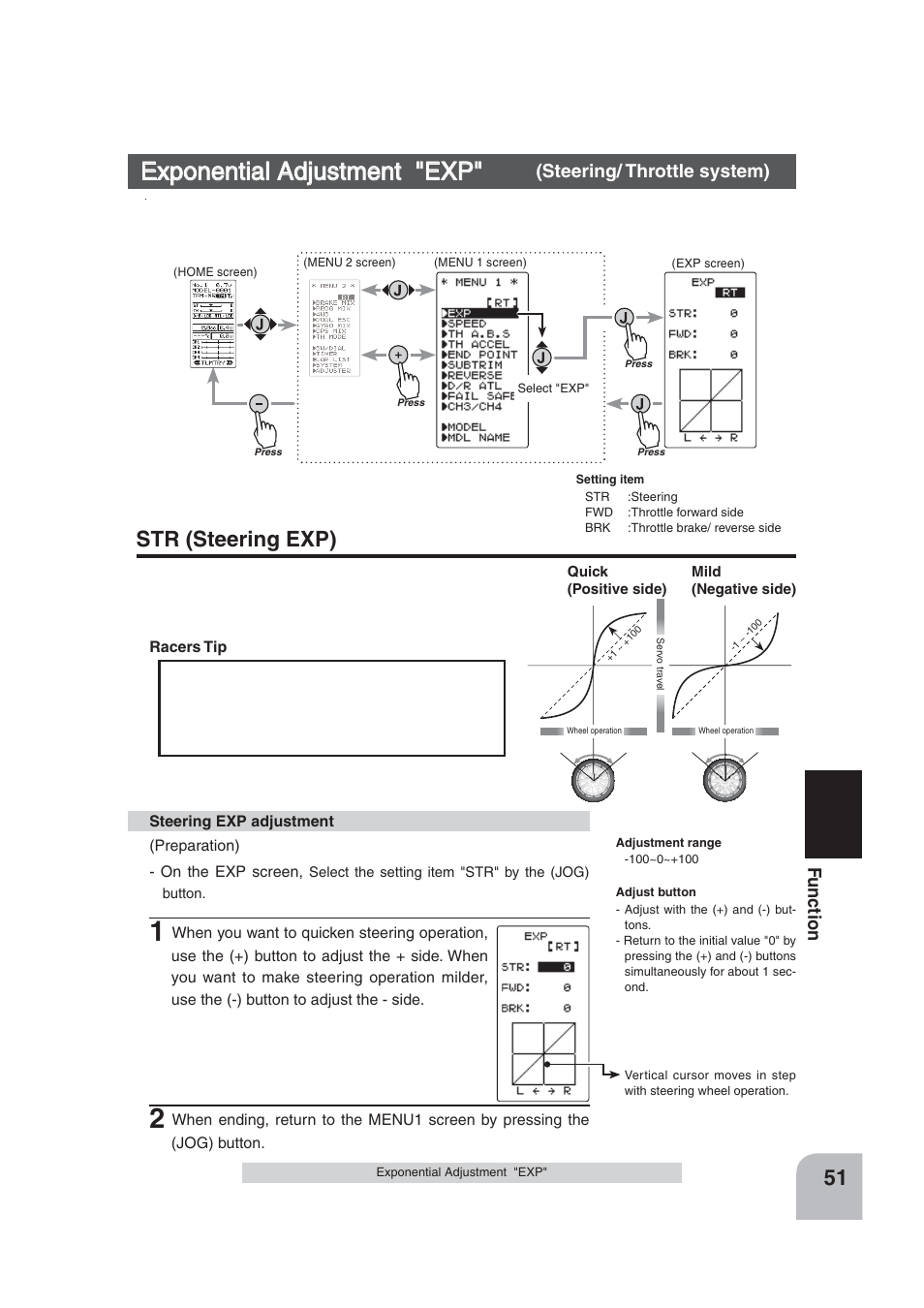 Exponential adjustment "exp, Str (steering exp), Fu n c tio n | Futaba 4PLS 2.4GHz FHSS User Manual | Page 51 / 121