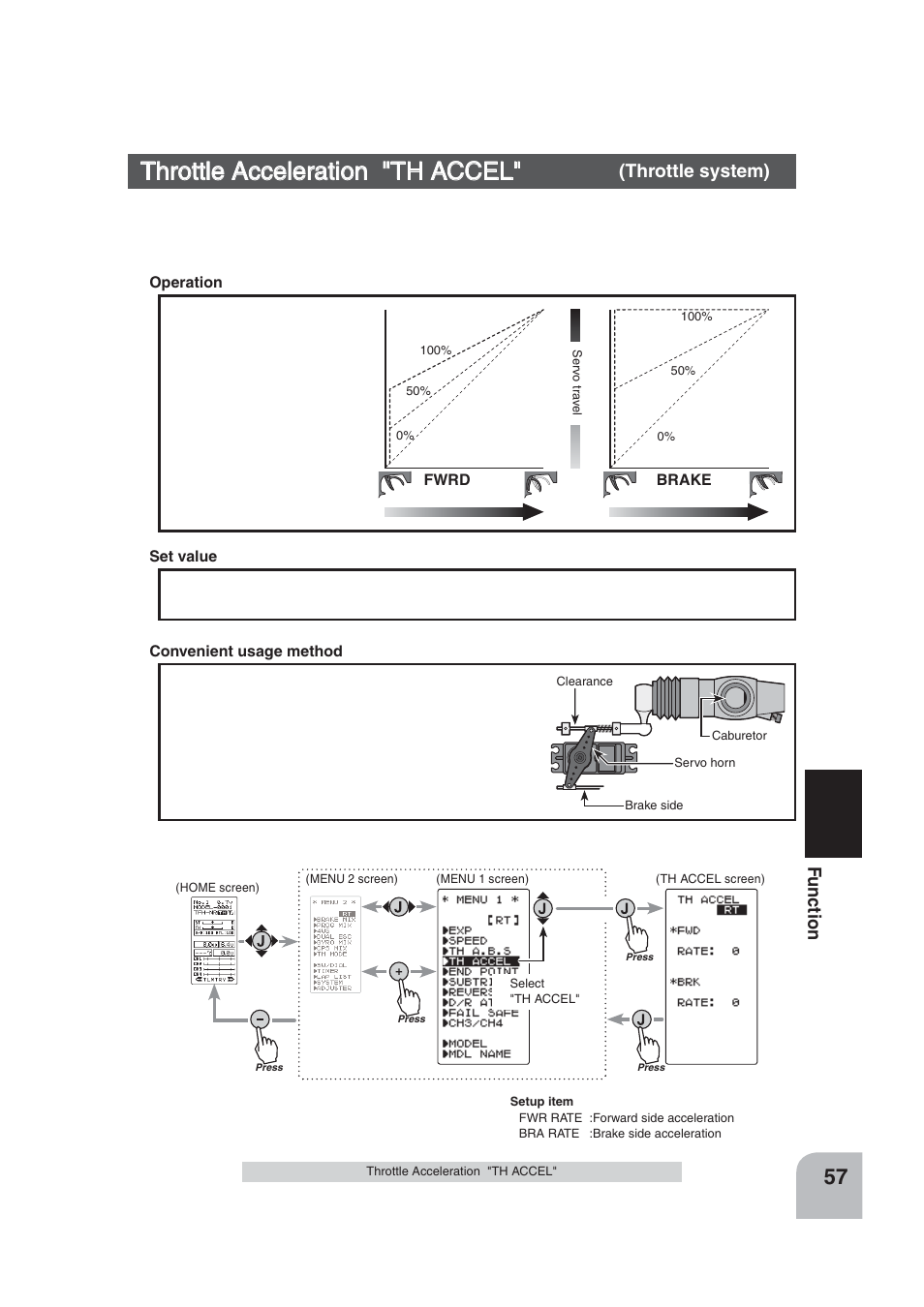 Throttle acceleration "th accel, Fu n c tio n | Futaba 4PLS 2.4GHz FHSS User Manual | Page 57 / 121