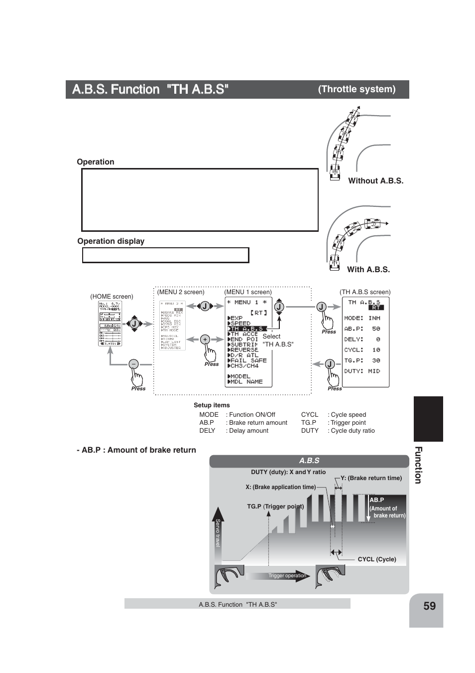 A.b.s. function "th a.b.s, Fu n c tio n, Display "th a.b.s" screen by the following method | Futaba 4PLS 2.4GHz FHSS User Manual | Page 59 / 121