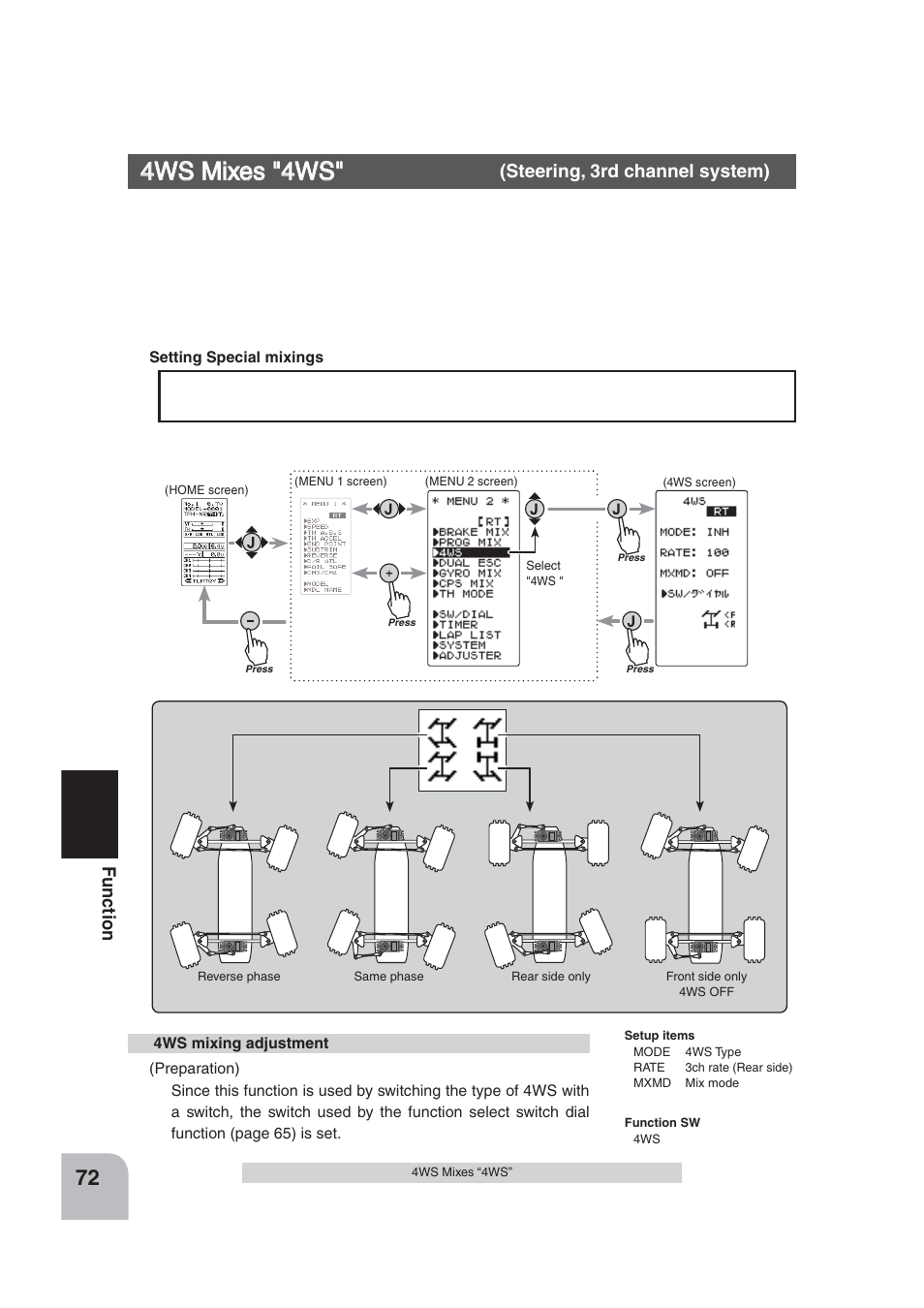 4ws mixes "4ws, Steering, 3rd channel system), Display "4ws" screen by the following method | Futaba 4PLS 2.4GHz FHSS User Manual | Page 72 / 121