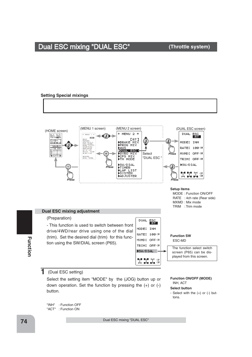 Dual esc mixing "dual esc, Fu n c tio n, Throttle system) | Futaba 4PLS 2.4GHz FHSS User Manual | Page 74 / 121